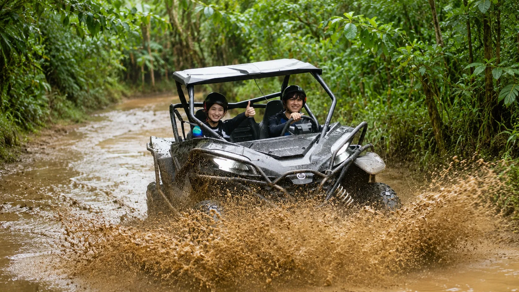 Couple driving an Alasan Adventure UTV through the mud track in Bresela, Gianyar