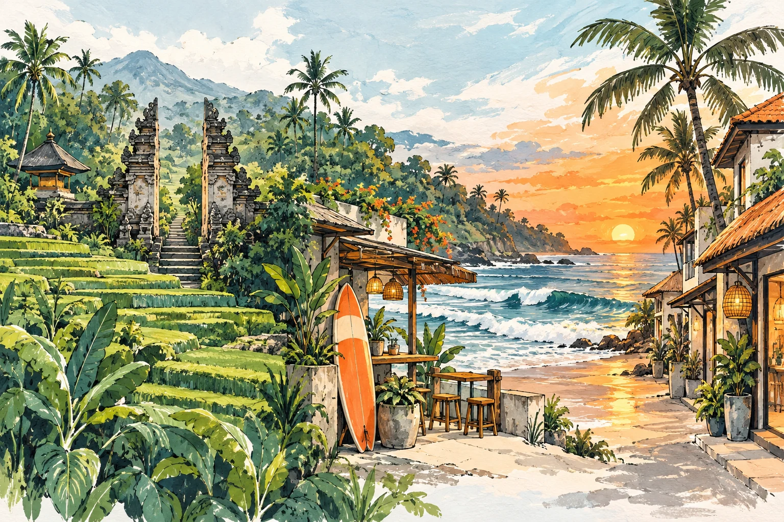 Editorial illustration combining inland rice terraces, a surf café and a coastal sunset; an imaginative scene, not a map