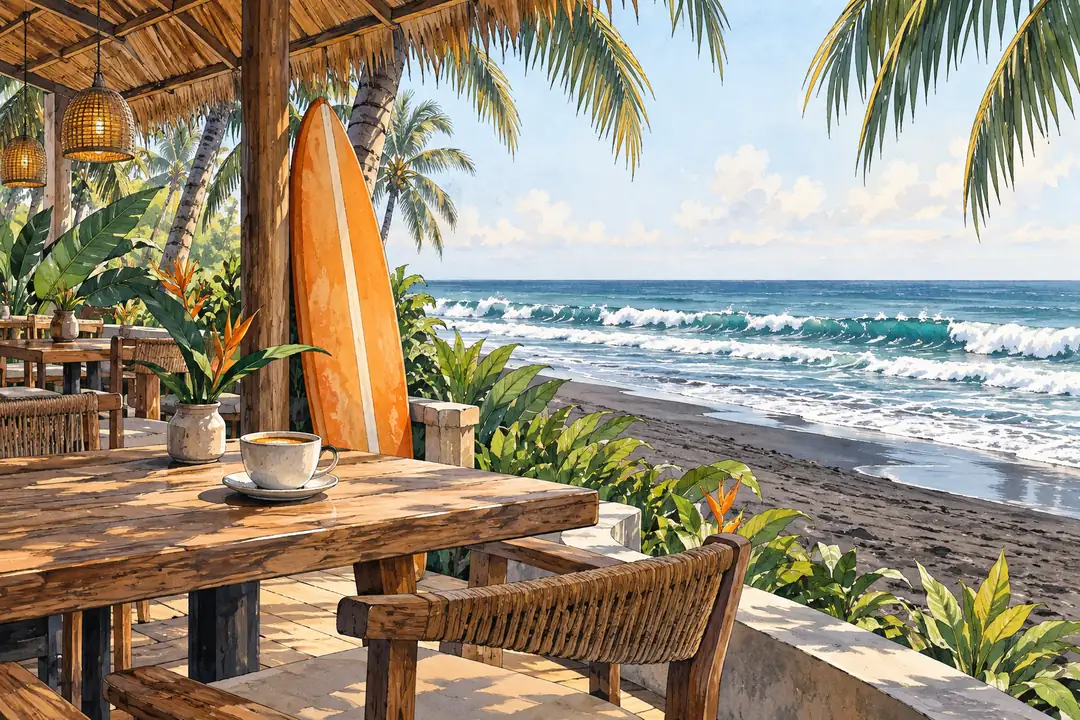 Gouache illustration of a coastal café terrace with a surfboard, coffee and ocean waves