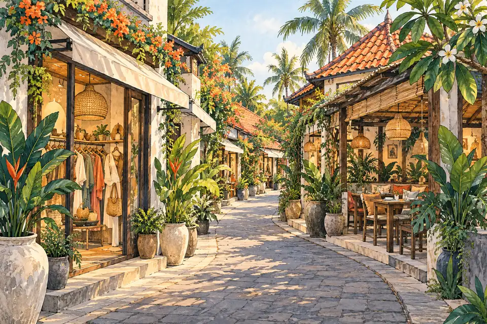 Gouache illustration of a tropical boutique and restaurant lane with lamps and plants in late-afternoon light