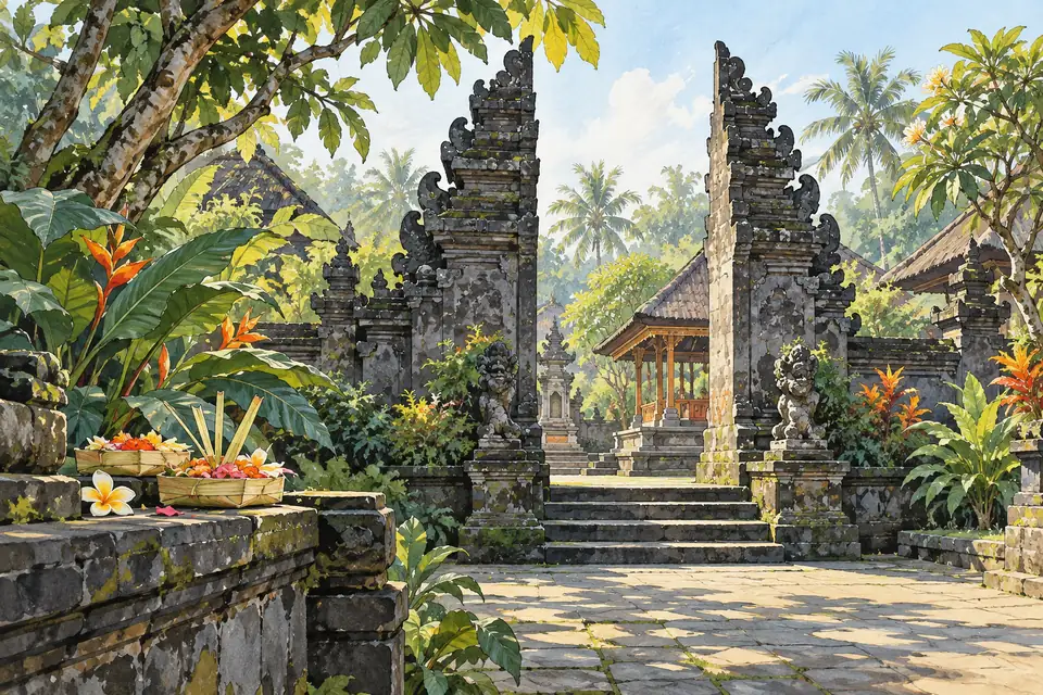 Gouache illustration of a Balinese temple courtyard and split gateway surrounded by tropical foliage